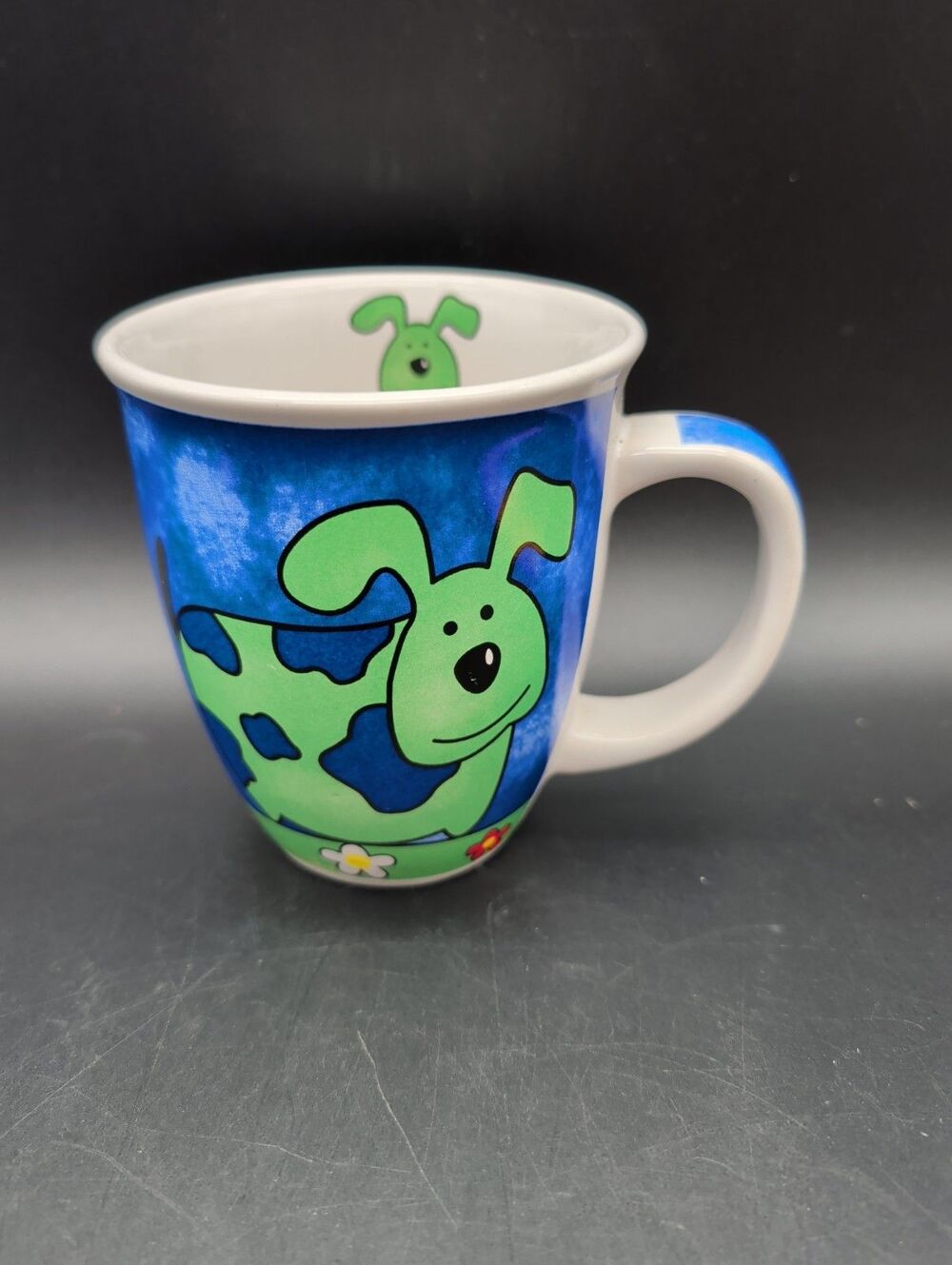 Green & Blue Dog Mug Chubby Flowers Large